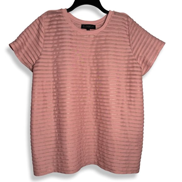 Eloquii Shirt Womens 14/16 Short Sleeve Tee Pink Textured Stripes Shimmer Top‎ - Picture 1 of 9